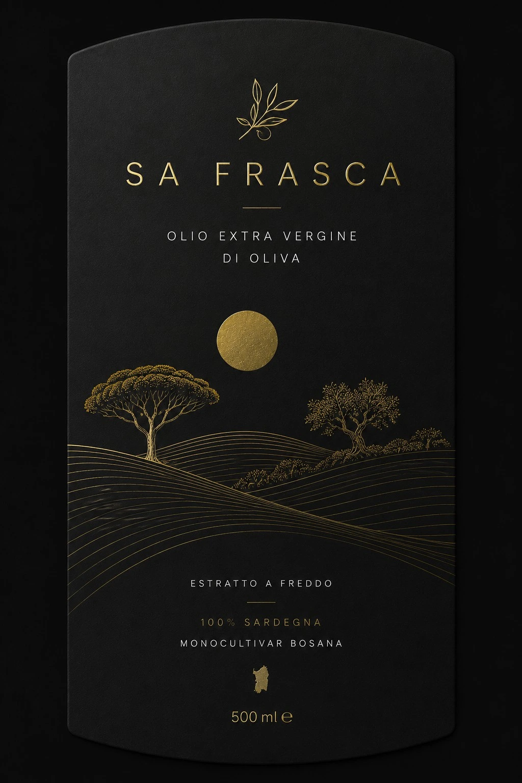 Etichetta Sa Frasca con paesaggio sardo illustrato in oro